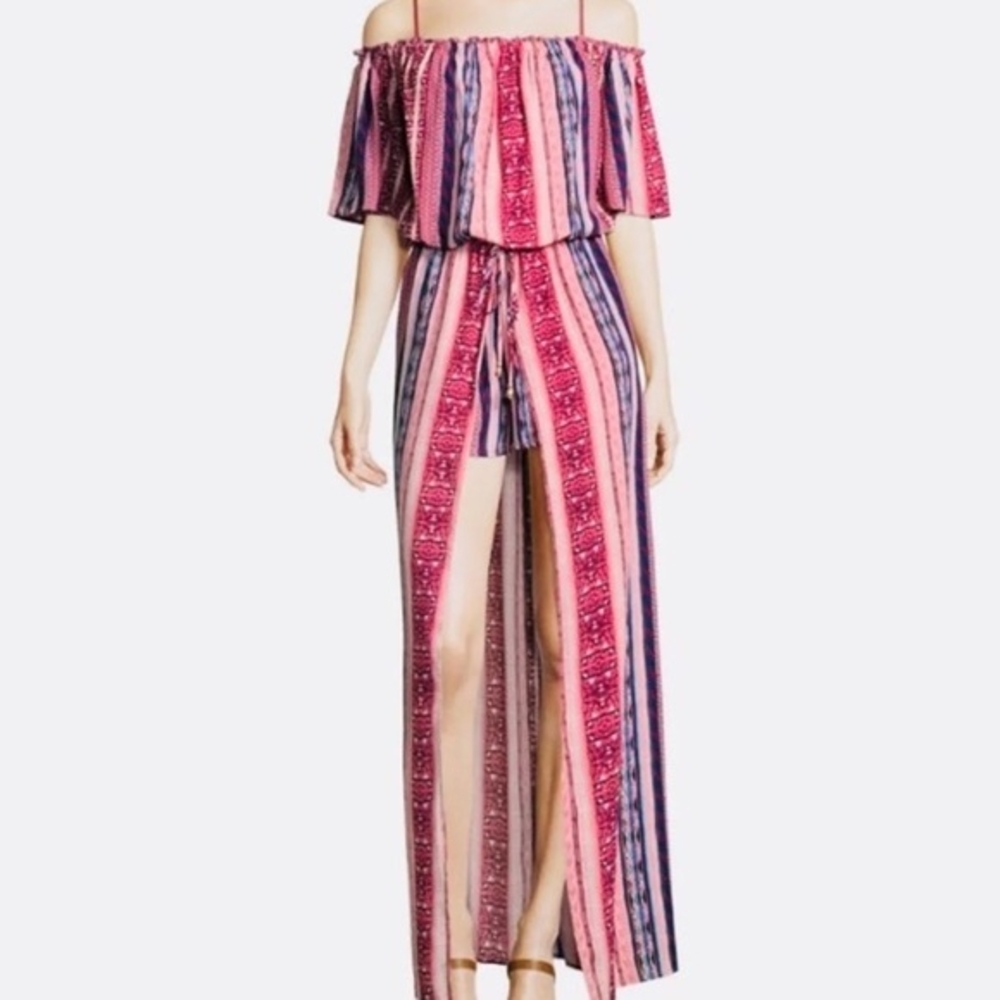 Striped Off-Shoulder Romper - Pink and Blue
